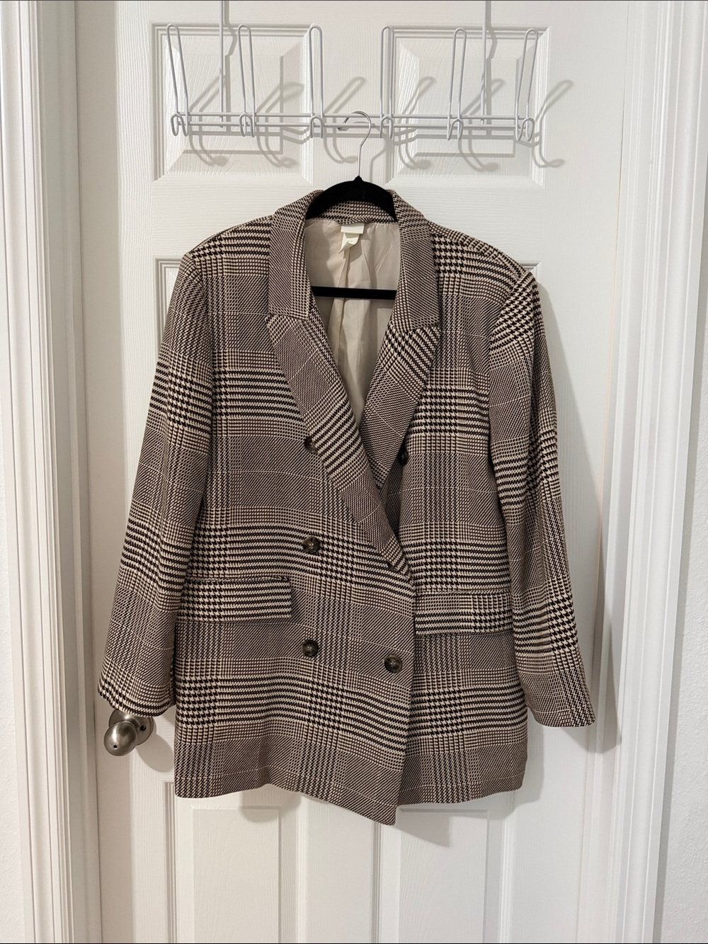 H&M Brown Plaid Double-Breasted Oversized Blazer